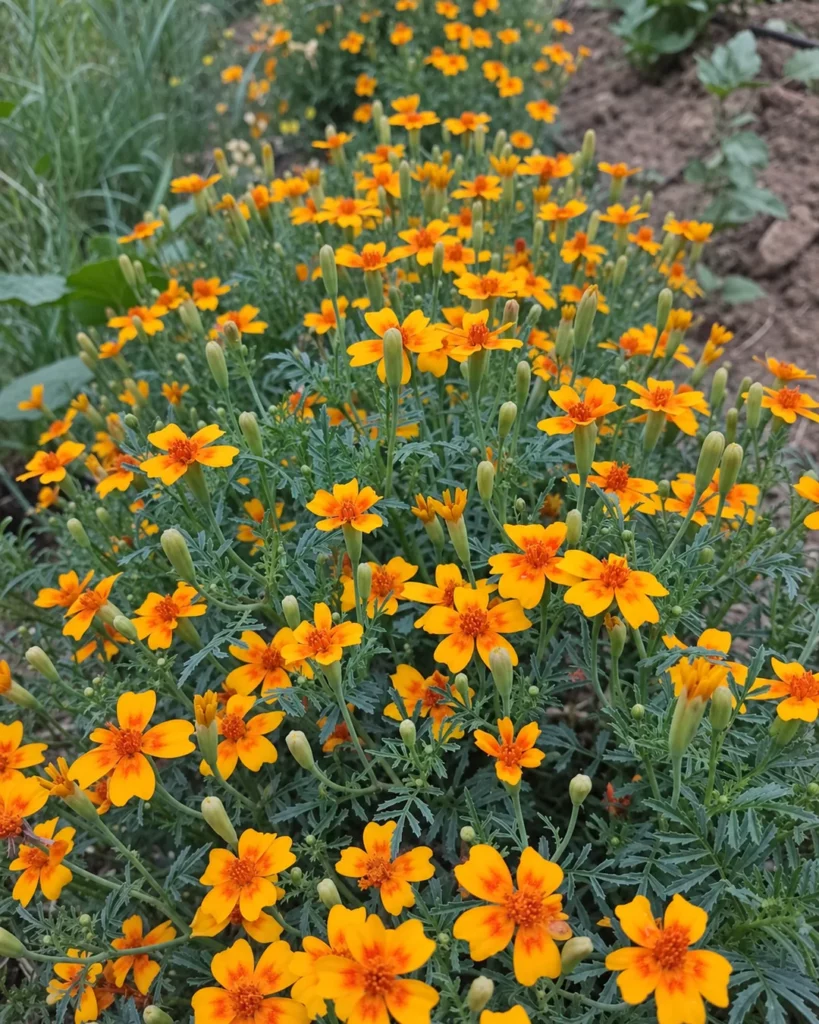 Bordure de tagètes tachées orange en fleurs