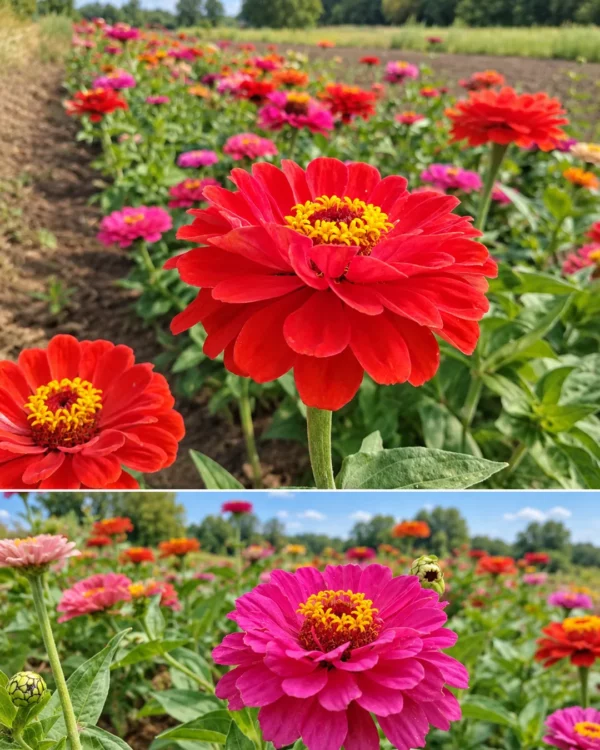 Zinnias rouges et roses en fleurs au champ