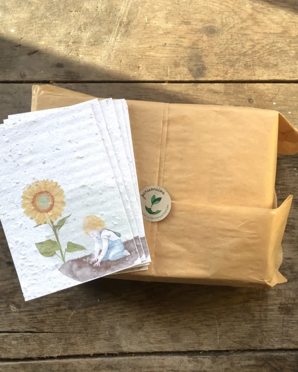 Carte ensemencée illustrée d'un enfant au tournesol et son enveloppe kraft