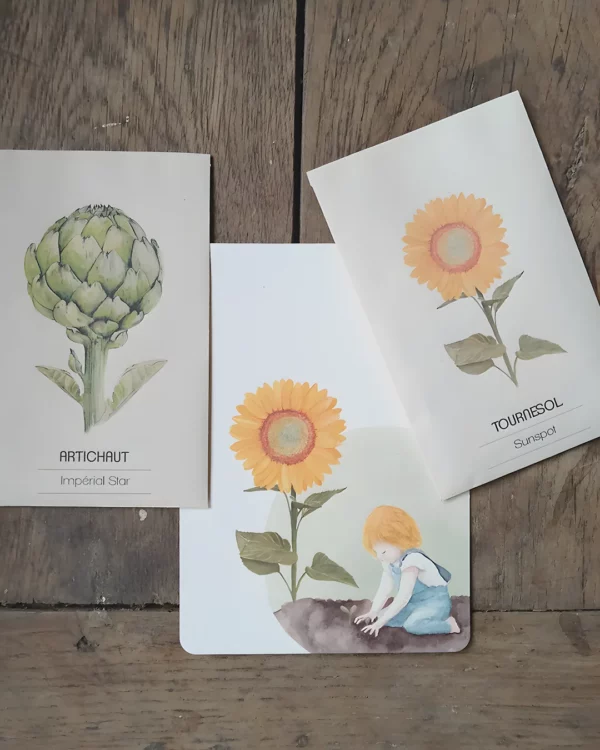 Carte postale enfant au tournesol et sachets de graines illustrés