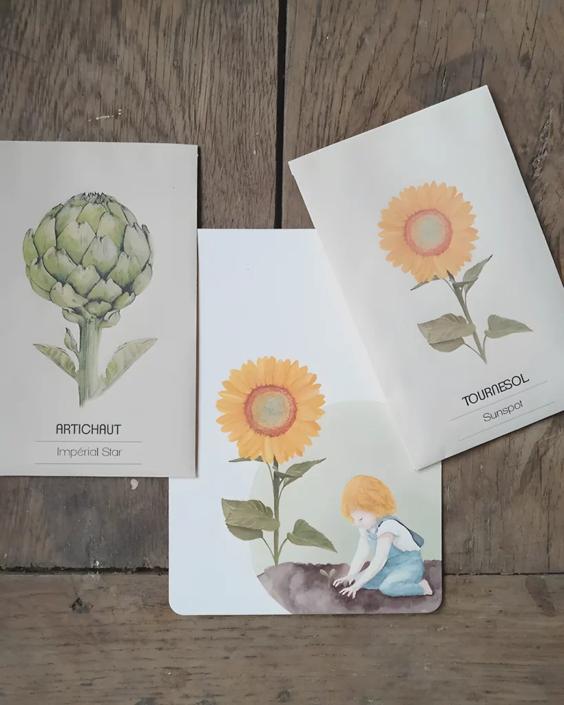 Carte postale enfant au tournesol et sachets de graines illustrés