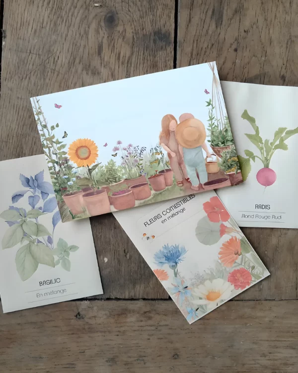 Carte postale jardin d'enfants et trois sachets de graines illustrés