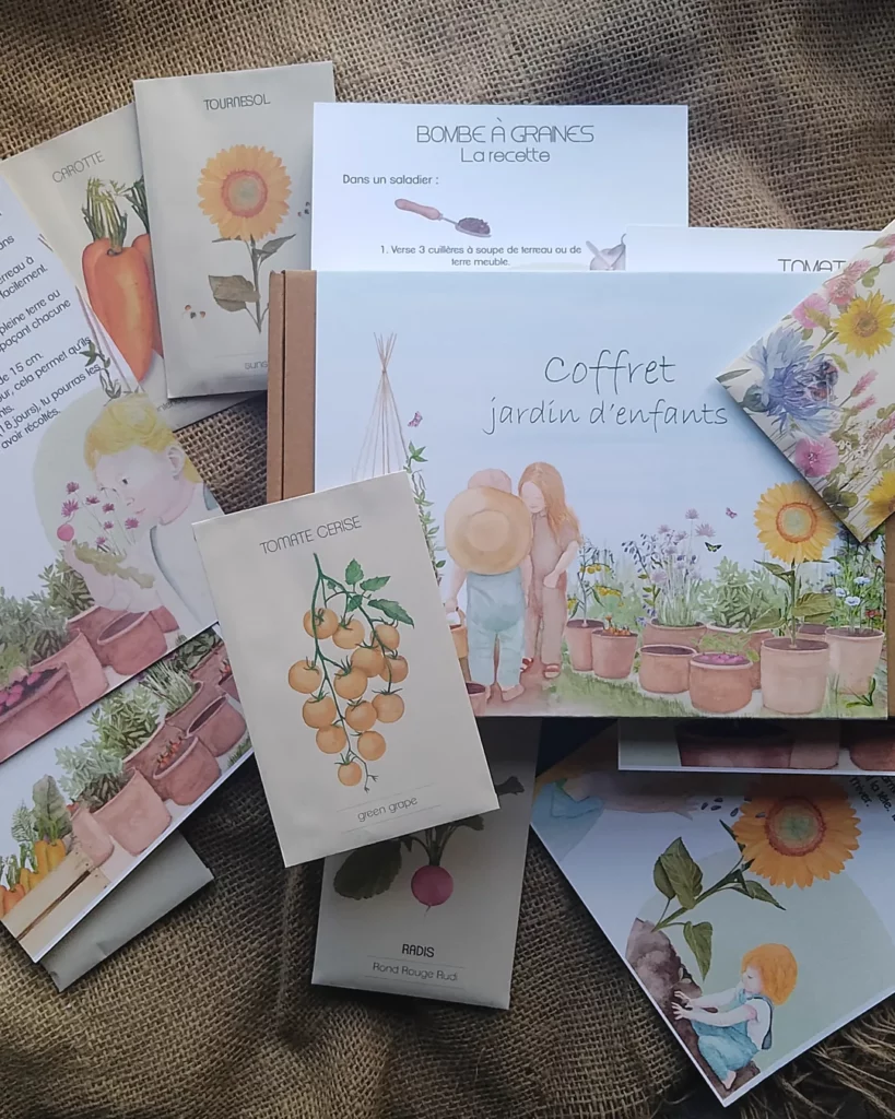 Coffret jardin d'enfants et ses sachets de graines illustrés