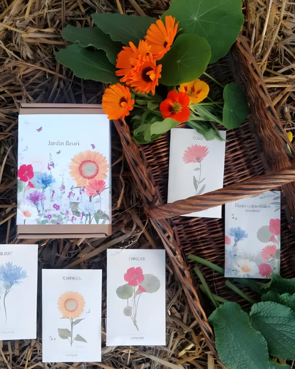 Coffret jardin fleuri, sachets illustrés et fleurs de souci et de capucine