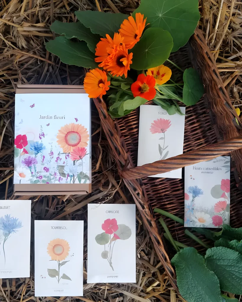 Coffret jardin fleuri, sachets illustrés et fleurs de souci et de capucine