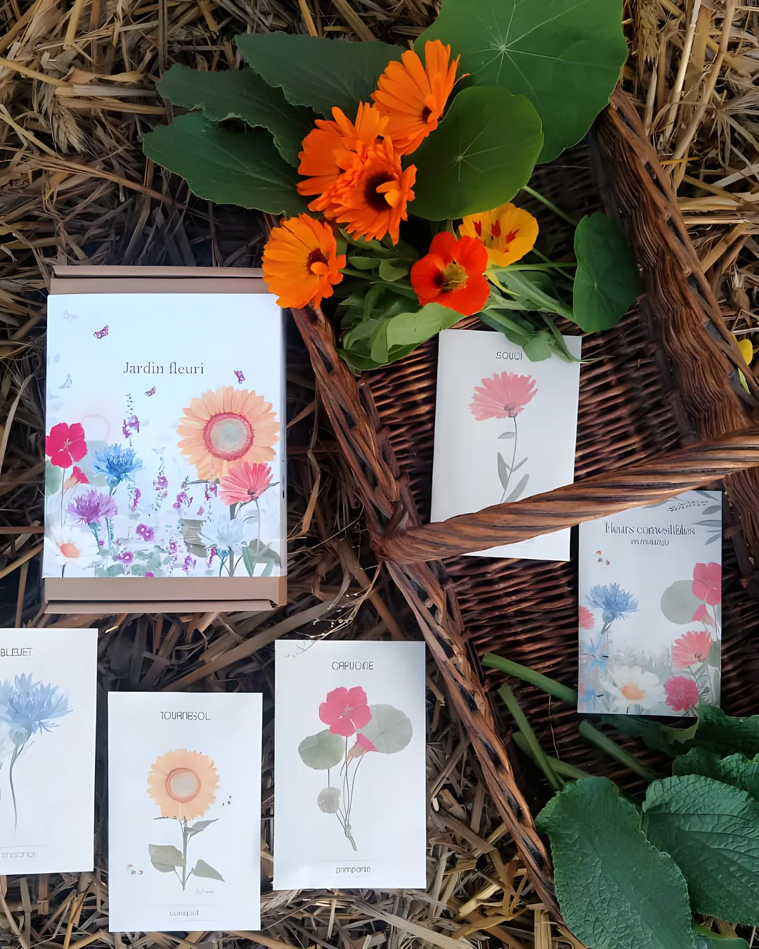 Coffret jardin fleuri, sachets illustrés et fleurs de souci et de capucine