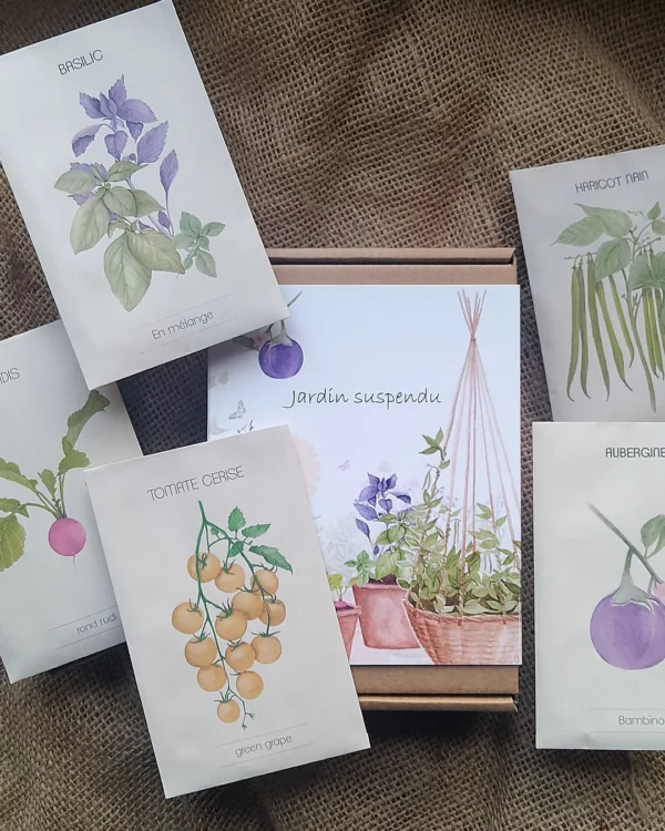 Coffret jardin suspendu et ses sachets de graines illustrés