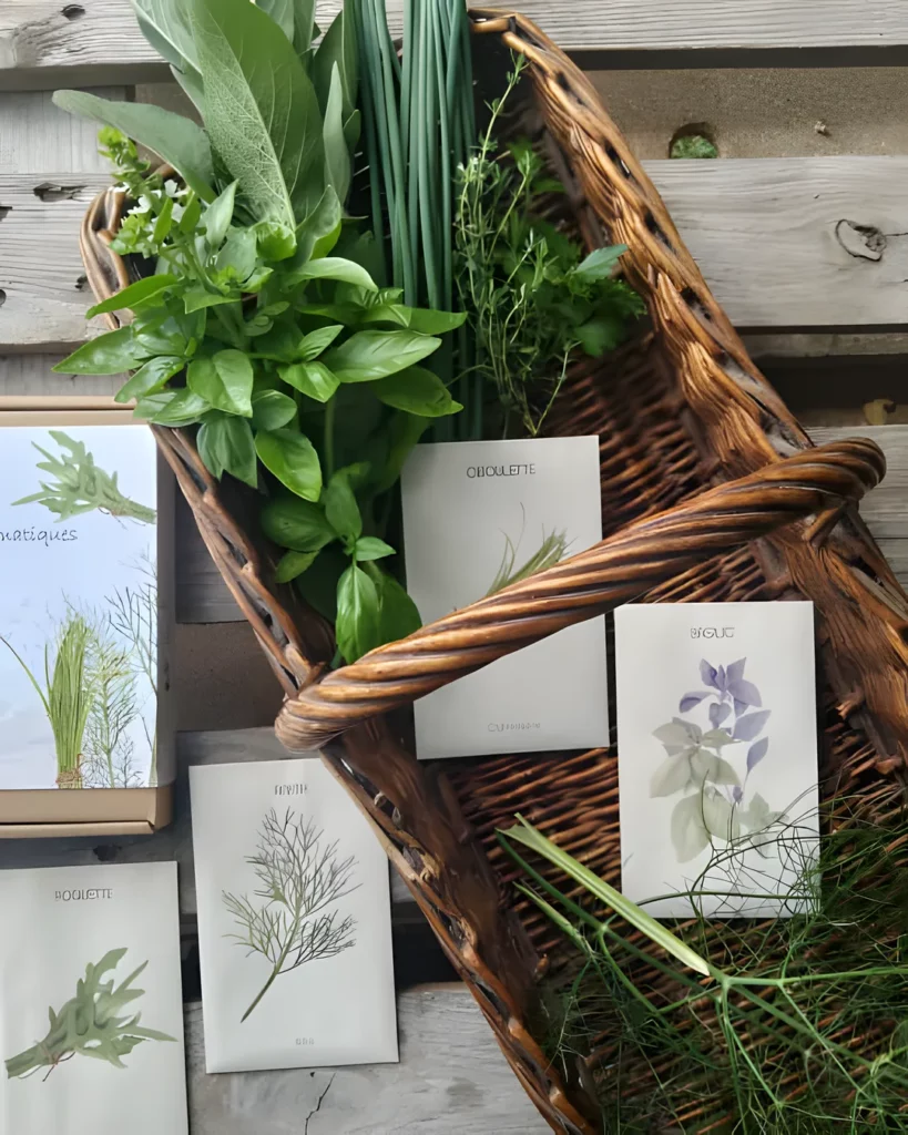 Coffret les aromatiques dans un panier d'herbes fraîches