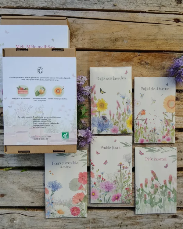 Coffret méli-mélo mellifère ouvert et ses sachets de fleurs