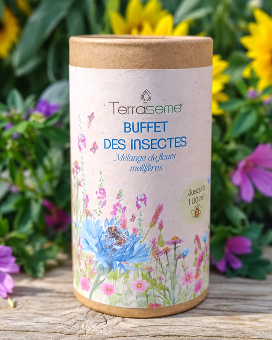 Boîte Buffet des insectes, mélange de fleurs mellifères pour 100 m², illustrée de fleurs et d’un bourdon