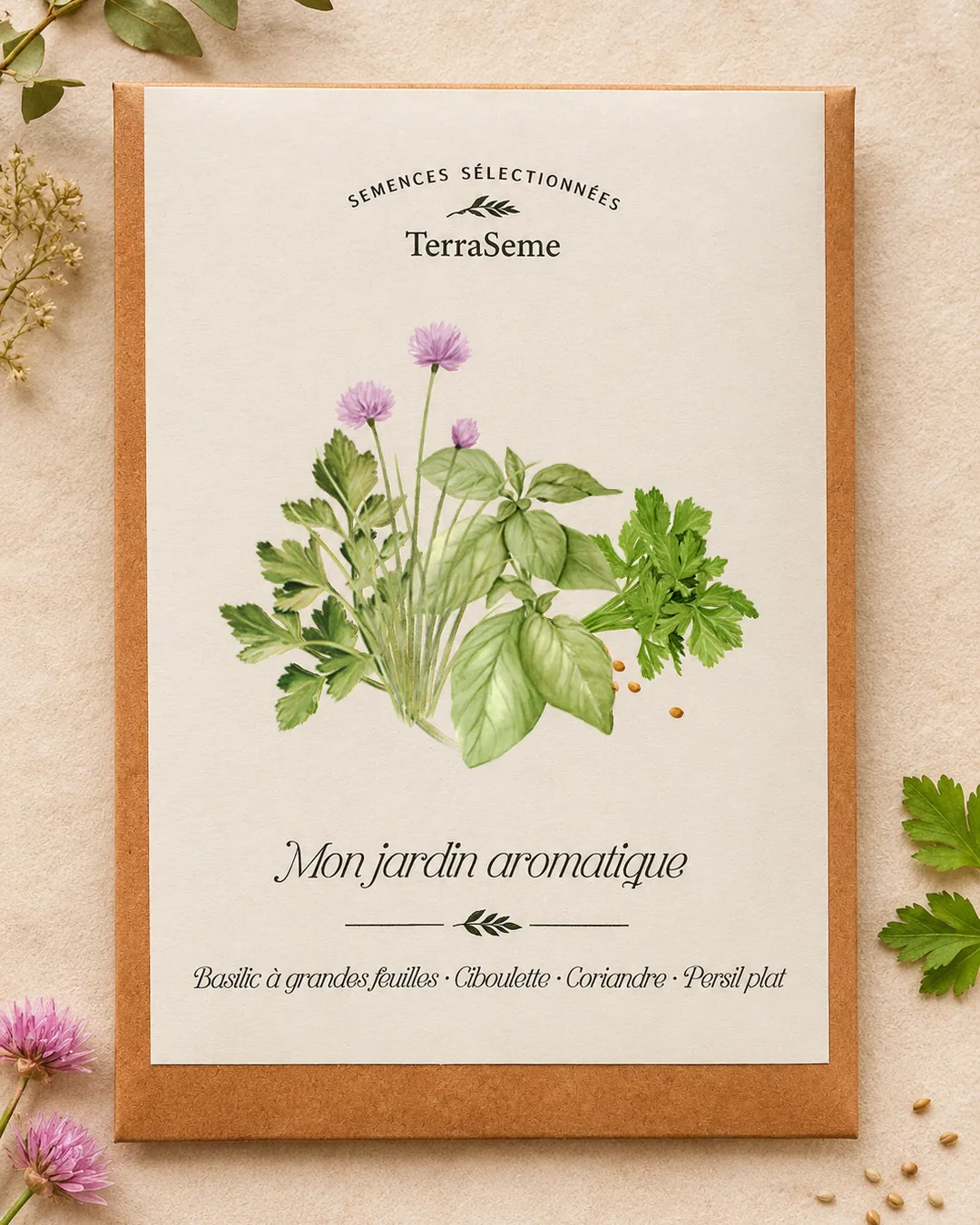 Coffret Mon jardin aromatique TerraSeme : enveloppe kraft illustrée à l’aquarelle de basilic, ciboulette en fleur, coriandre et persil