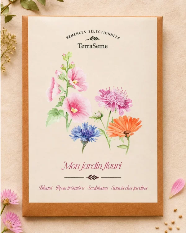 Coffret Mon jardin fleuri TerraSeme : enveloppe kraft illustrée à l’aquarelle de rose trémière, scabieuse, bleuet et souci