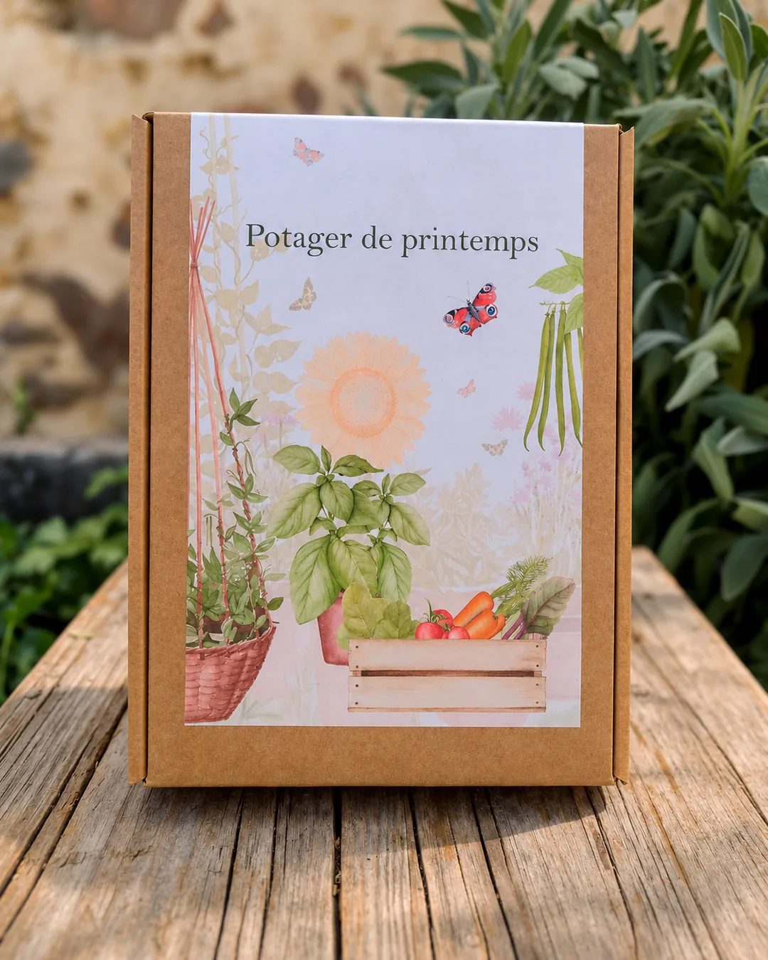 Coffret Potager de printemps illustré à l’aquarelle, posé sur une table en bois