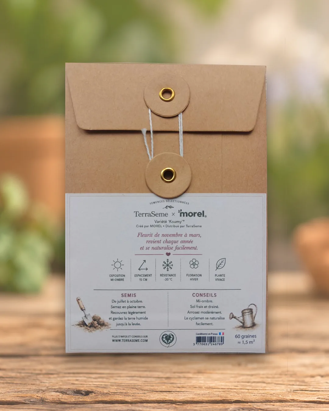 Dos du sachet KOUMY® : semis de juillet à octobre, 60 graines pour environ 1,5 m²