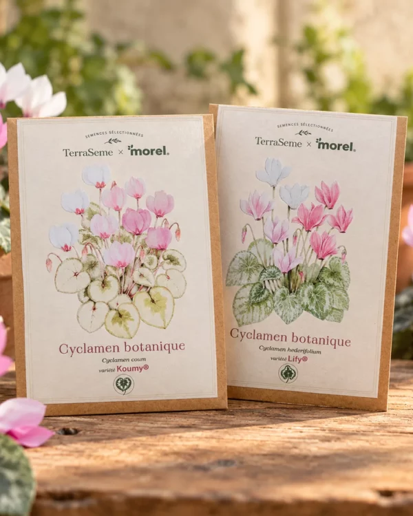 Sachets de graines de cyclamens botaniques KOUMY® et LIFY® côte à côte